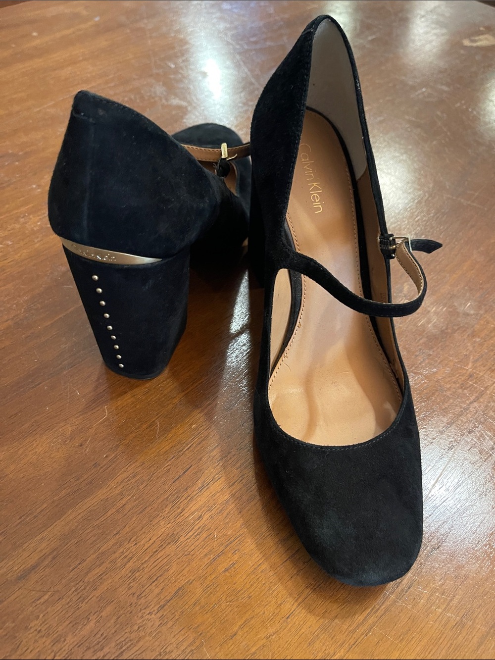 Calvin Klein Cassian Black Suede Mary-Jane Block Heel Pumps with Gold Trim